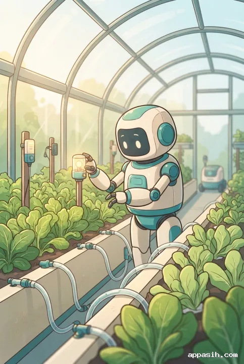Cartoon robot technician adjusting a glowing sensor pod beside leafy plants and automated irrigation lines inside a smart greenhouse.