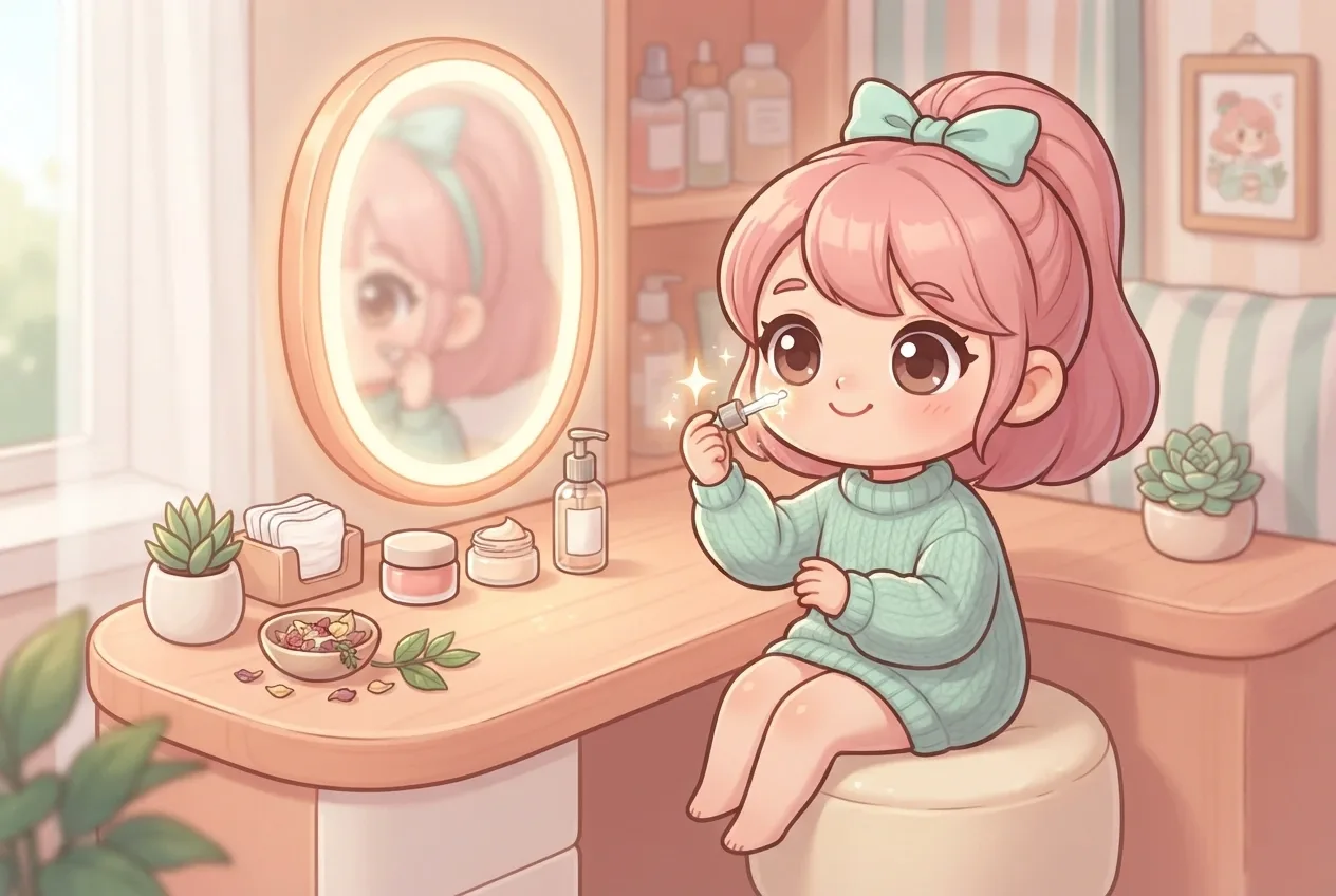 Chibi skincare character applying dewdrop face serum at a pastel cosmetic vanity with jars, botanical leaves, and a softly glowing mirror.