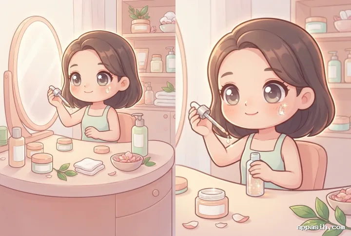 Closer three-quarter view of a chibi skincare character holding a serum dropper at the same pastel cosmetic vanity with glowing mirror, jars, flower petals, and botanical accents.