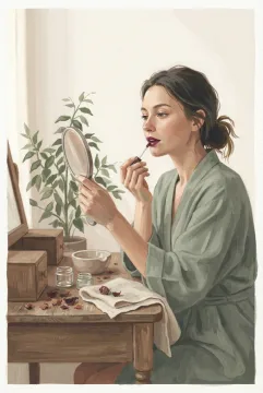 Gouache painting of a woman applying berry lip tint at a botanical vanity with cosmetic jars, flower petals, and an oval hand mirror.