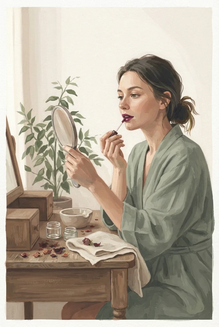 Gouache painting of a woman applying berry lip tint at a botanical vanity with cosmetic jars, flower petals, and an oval hand mirror.
