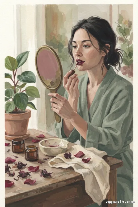 Closer gouache beauty portrait of a woman finishing berry lip tint application at a botanical vanity with an oval mirror, cosmetic jars, and flower petals.