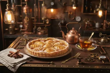 Steampunk pear tart and steaming spiced tea on a copper mechanical café table with brass gears, pressure gauges, pipes, cinnamon, and warm amber lighting.