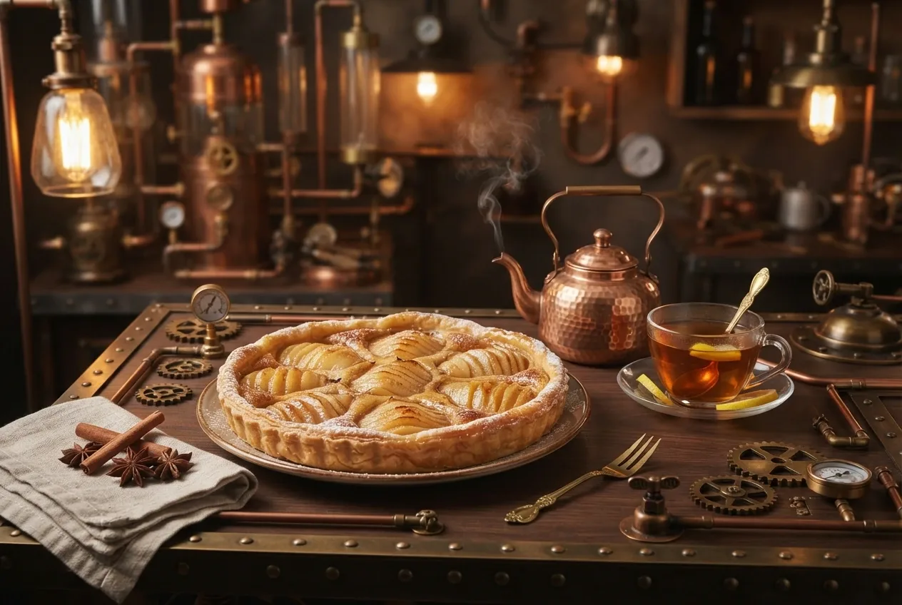 Steampunk pear tart and steaming spiced tea on a copper mechanical café table with brass gears, pressure gauges, pipes, cinnamon, and warm amber lighting.