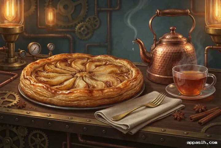 Close three-quarter steampunk concept art of a glazed pear tart with steaming spiced tea, copper kettle, brass gears, gauges, pipes, cinnamon, and warm industrial café lighting.