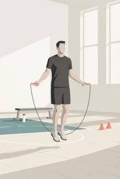 Minimalist graphic illustration of a jump rope athlete training inside a modern indoor fitness court with geometric shadows and simple exercise equipment.