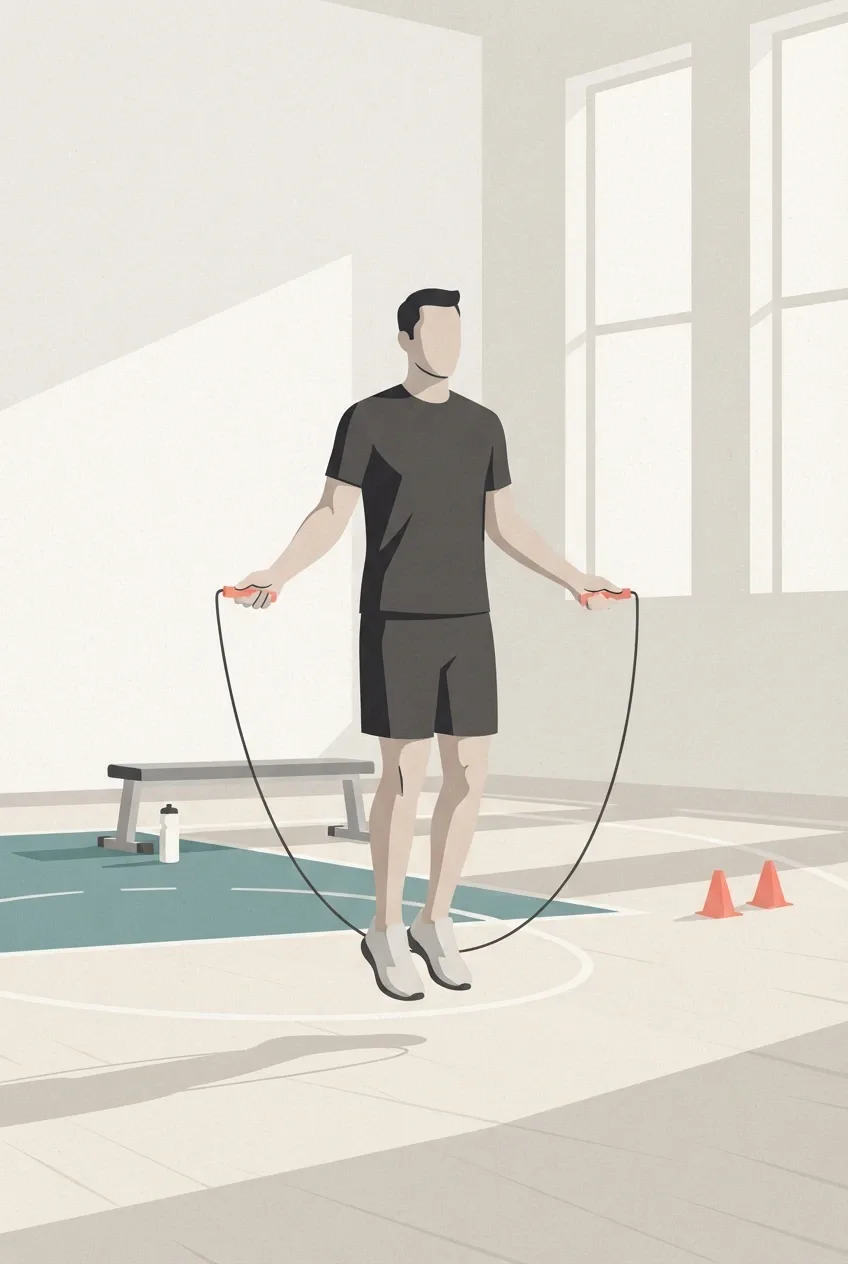 Minimalist graphic illustration of a jump rope athlete training inside a modern indoor fitness court with geometric shadows and simple exercise equipment.