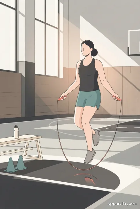 Minimalist graphic illustration of the same jump rope athlete in an indoor training court from a closer three-quarter angle, with geometric window light and long angular shadows.