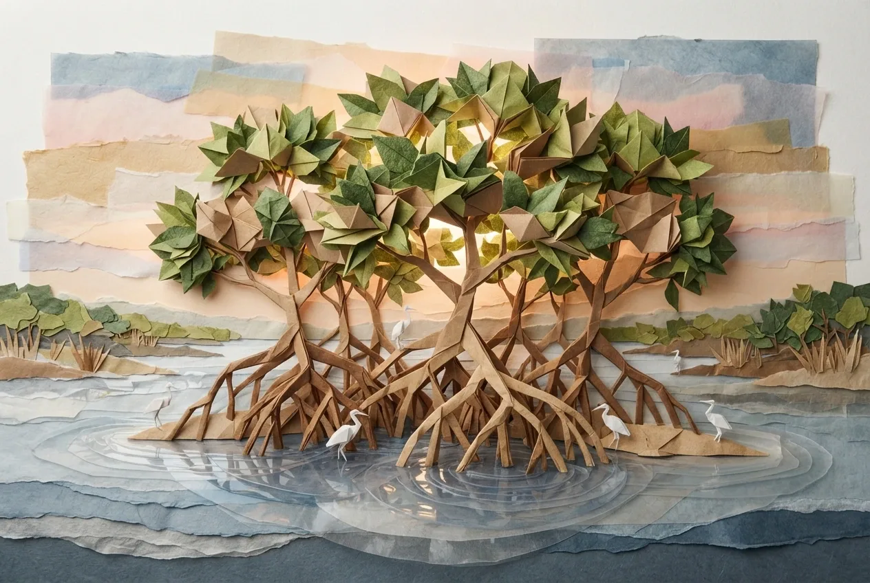 Mixed Media Origami Style mangrove tidal sanctuary with folded-paper roots, layered green foliage, reflective shallow water, and small wading birds at dawn.