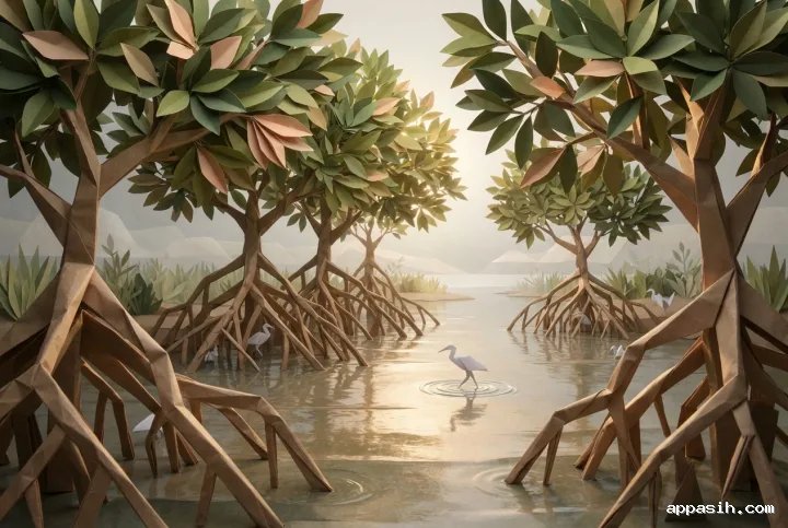 Detailed Mixed Media Origami Style mangrove sanctuary viewed from a lower three-quarter angle, with folded-paper roots, layered foliage, wading birds, reflective tidal water, mist, and warm dawn highlights.