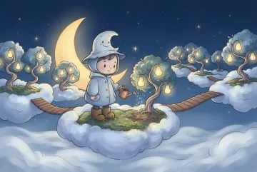 Chibi moon gardener watering glowing trees in a floating cloud orchard beneath a crescent moon.