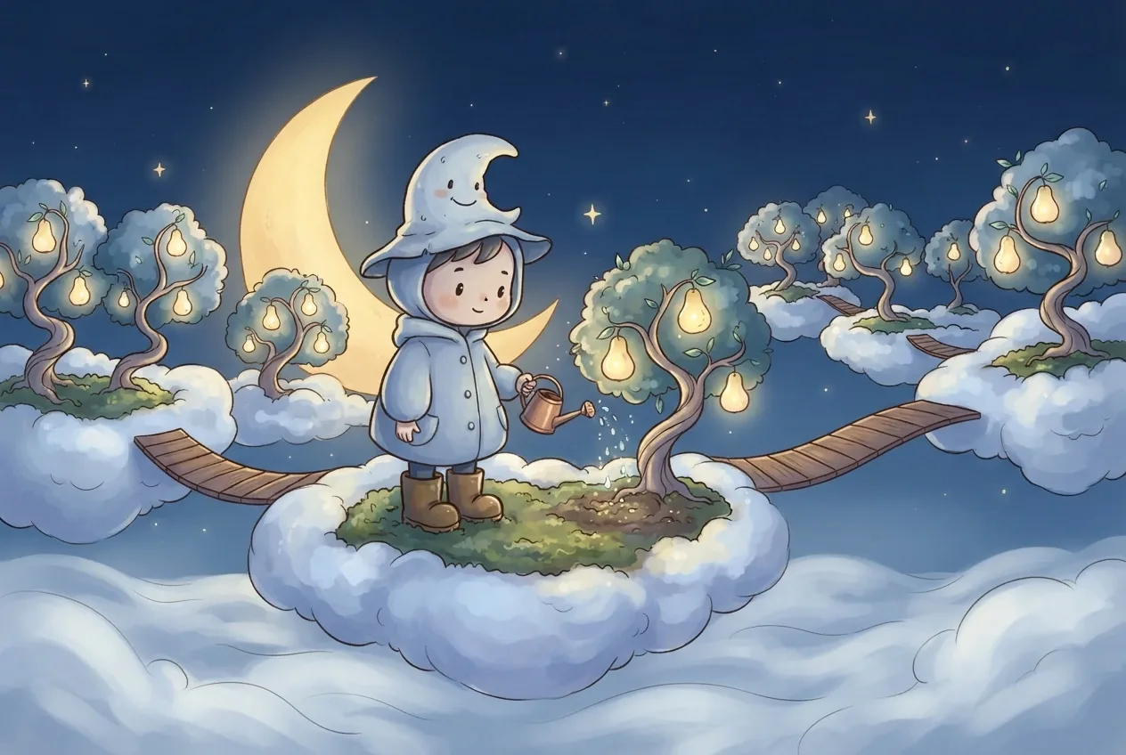 Chibi moon gardener watering glowing trees in a floating cloud orchard beneath a crescent moon.