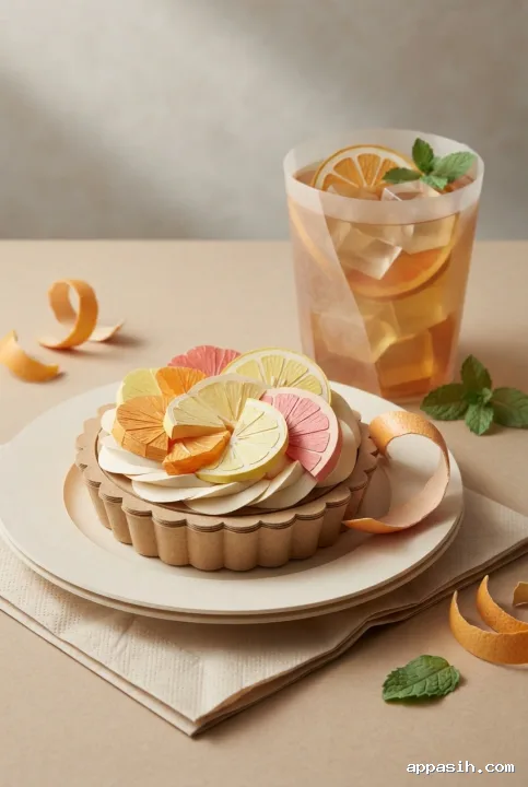 Detailed paper-cut citrus tart and iced herbal tea viewed from a closer three-quarter angle with layered grapefruit, lemon, orange, mint, and handcrafted cardstock textures.