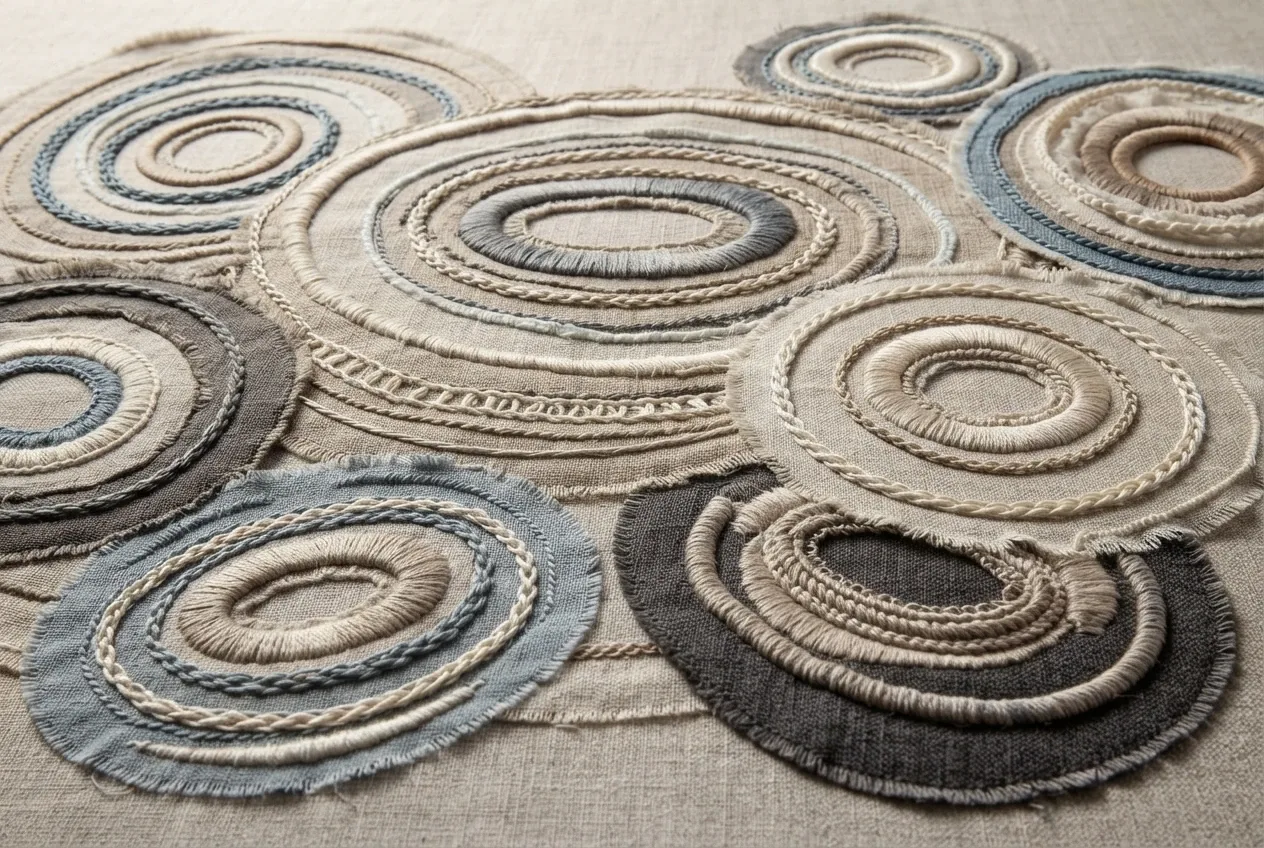 Abstract embroidered tidal rings made from layered linen and raised textile threads in clay, sand, dusty blue, charcoal, and ivory tones.