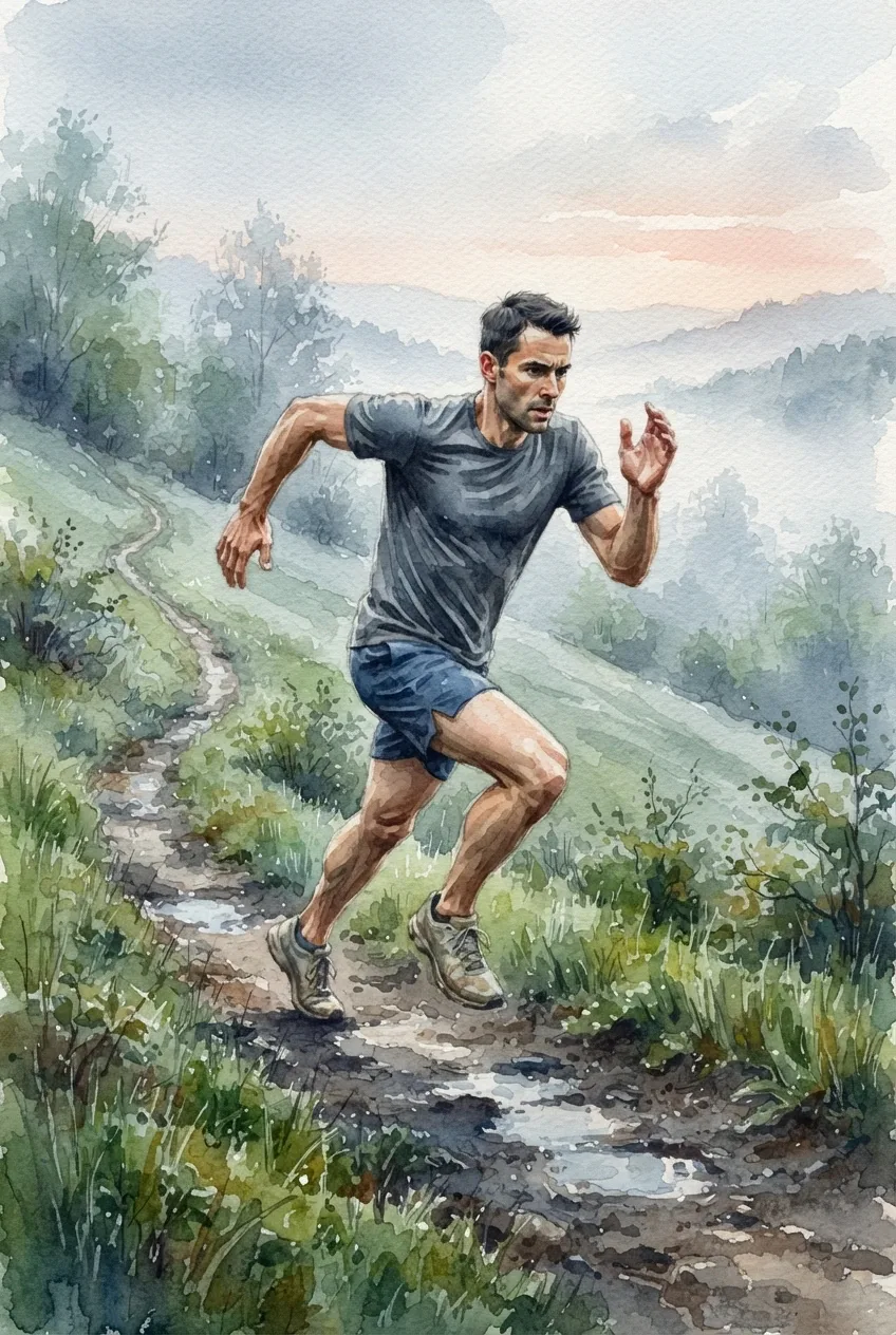 Watercolor painting of an athlete sprinting uphill on a wet training path at misty dawn.