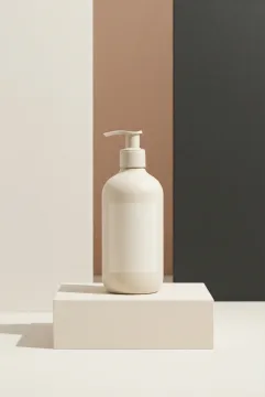 Minimalist graphic mockup of an unbranded refillable soap bottle on a geometric pedestal with neutral studio shapes and soft directional lighting.