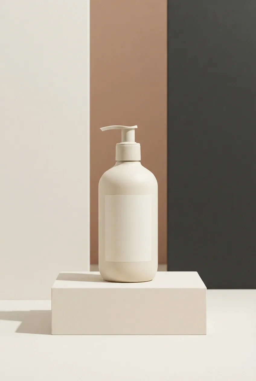 Minimalist graphic mockup of an unbranded refillable soap bottle on a geometric pedestal with neutral studio shapes and soft directional lighting.