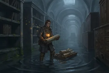 Concept Art of a lantern keeper carrying a map cylinder through a flooded underground archive while mechanical fireflies hover above reflective water.