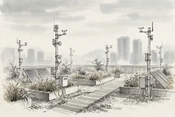 Ink wash drawing of an autonomous rooftop air quality sensor garden with monitoring towers, solar panels, wireless nodes, grasses, and a misty urban skyline.