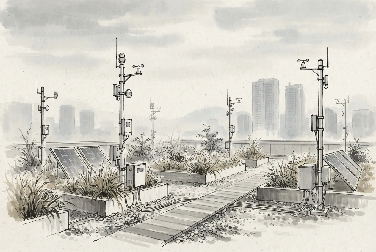 Ink wash drawing of an autonomous rooftop air quality sensor garden with monitoring towers, solar panels, wireless nodes, grasses, and a misty urban skyline.