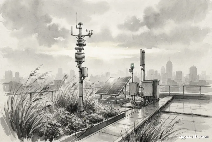 Closer three-quarter ink wash drawing of an autonomous urban air quality sensor garden with a central monitoring tower, solar panels, rooftop grasses, connected equipment, and a hazy city skyline.