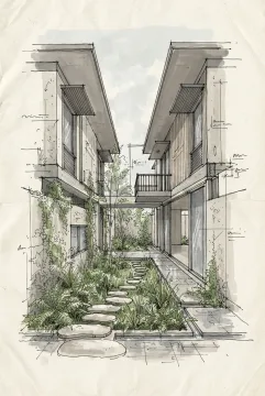 Hand-drawn doodle illustration of a compact courtyard house surrounding a planted rain garden with stepping stones, vines, deep roof overhangs, and shaded windows.