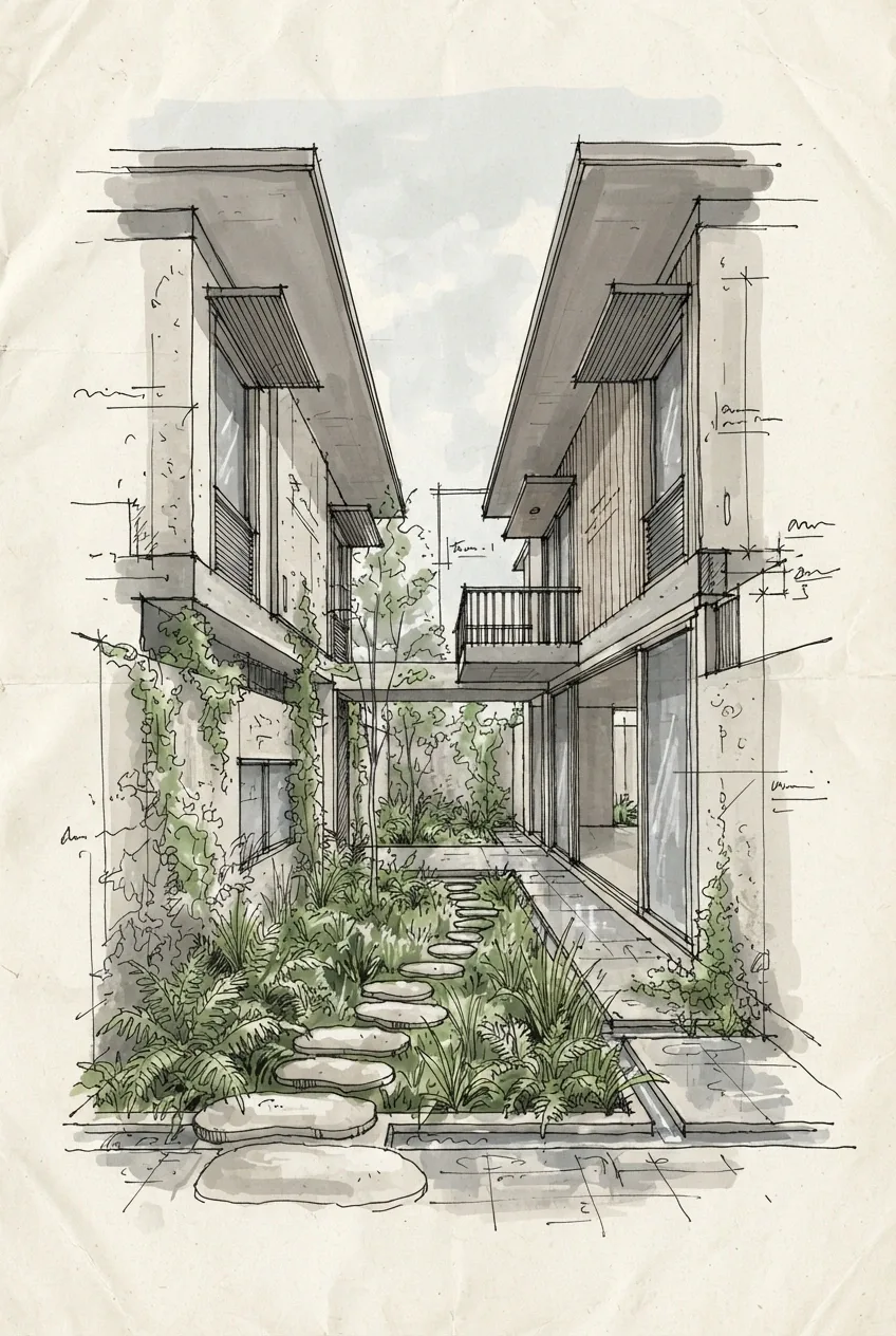 Hand-drawn doodle illustration of a compact courtyard house surrounding a planted rain garden with stepping stones, vines, deep roof overhangs, and shaded windows.
