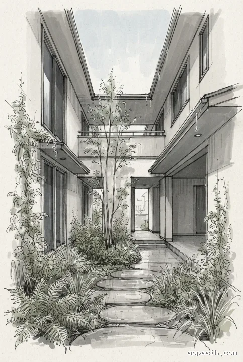 Detailed hand-drawn doodle view of the same courtyard house and rain garden from a lower three-quarter angle, with wet stepping stones, climbing plants, ink hatching, and soft overcast light.