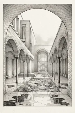 Portrait ink drawing of a contemporary courtyard library with repeating brick arches, covered walkways, wet paving, and a central rain garden.