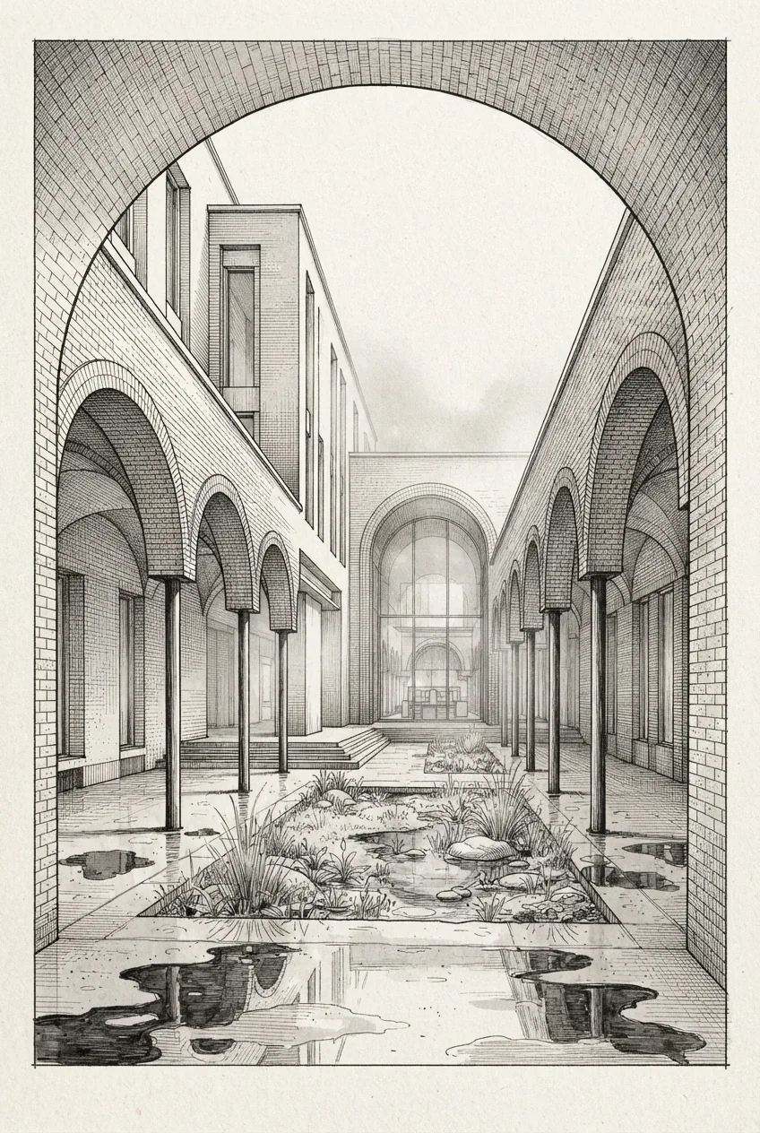 Portrait ink drawing of a contemporary courtyard library with repeating brick arches, covered walkways, wet paving, and a central rain garden.