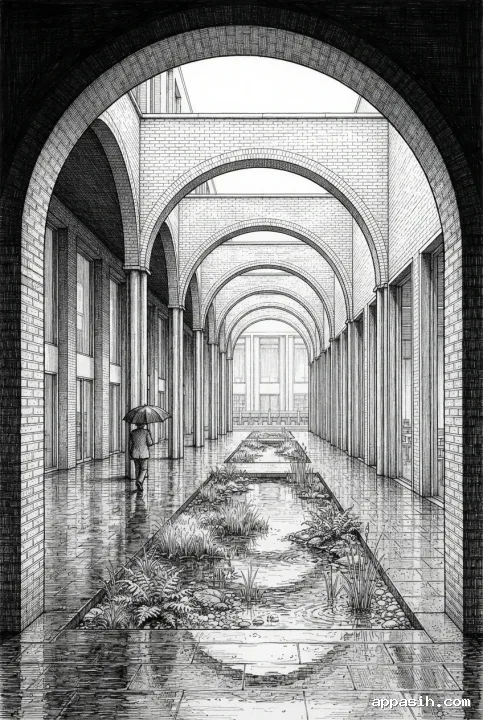 Detailed portrait ink drawing of the same courtyard library viewed from beneath a brick arch, with repeating colonnades, a rain garden, wet reflections, and one small umbrella-carrying figure.