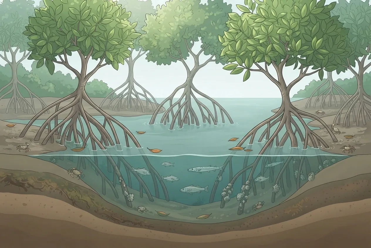 Scientific illustration of a mangrove tidal ecosystem with arching roots, juvenile fish, crabs, shellfish, shallow estuary water, fallen leaves, and layered coastal sediment.