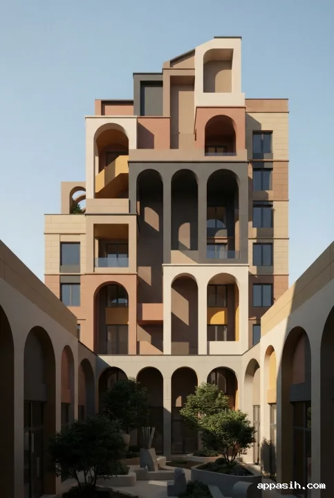 Closer geometric graphic view of a courtyard tower with terraced arches, angular balconies, patterned masonry, compact trees, and strong geometric shadows.