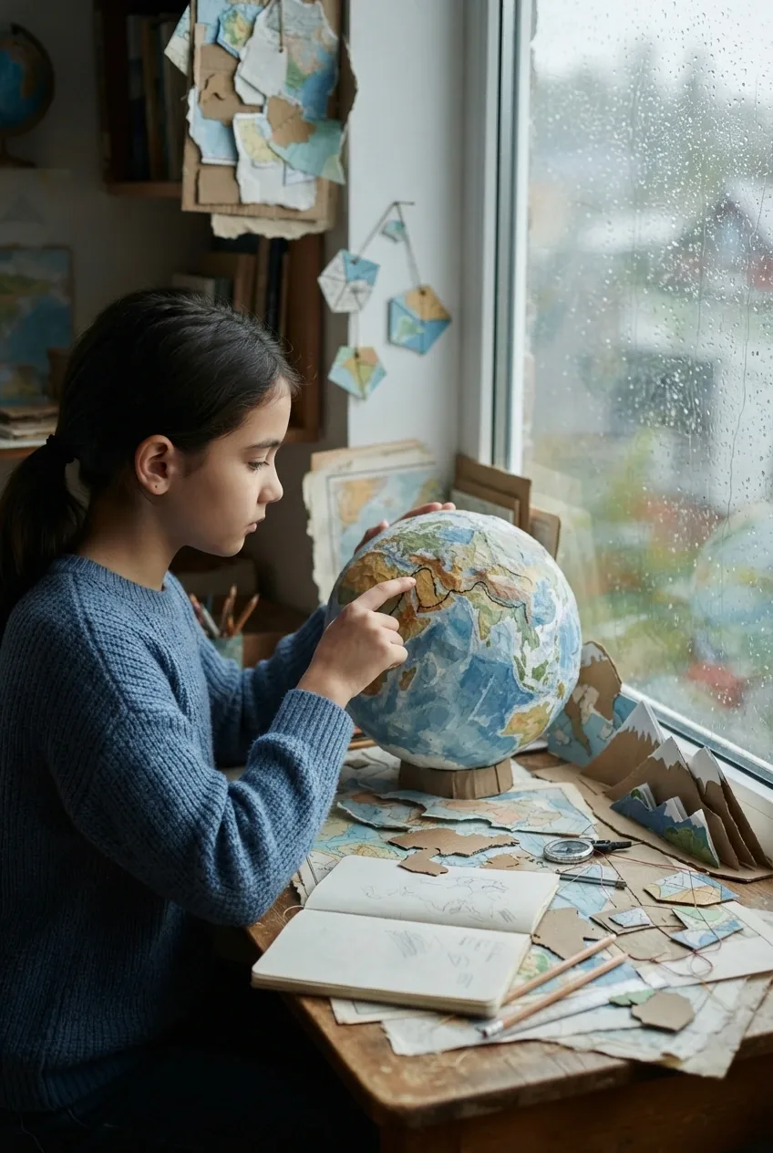 Student studying geography with a handmade globe, layered paper maps, notebooks, and learning materials beside a rainy window in a Collage / Mixed Media composition.